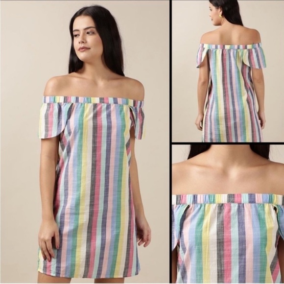 EUC J.Crew rainbow striped off the shoulder linen dress - Picture 6 of 6